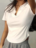 Shopmocho Summer Short Sleeve Lapel Top Women'S Solid V-Neck Pullovers Retro Sweet Shirts Hot Girl Crop Top Female Slim Versatile Tee