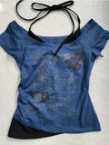 Shopmocho Vintage Fake Two Piece Halter Lace Up T-shirts Y2k Slim Fit Print Tops Women Off Shoulder Short Sleeve Tee Shirt