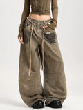 SHOPMOCHO 2025 American Retro Y2K Style Distressed Khaki Baggy Pleated Women's Jeans Pants Woman Clothing Wide Leg Cotton Long Trousers