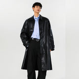 SHOPMOCHO Mens PU Trench Coat 2025 Autumn Winter Windproof Long Outerwear Jacket Fashionable Trendy Leather Coat For Men