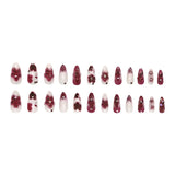 SHOPMOCHO 24pcs Flower Print Press on Nails Wine Red Blush Almond False Nail Tips Wearable Reusable Summer Spicy Girl Fake Nails