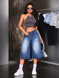 SHOPMOCHO American Retro Hot Girl Style Distressed Fleece Hem Jeans Mid-Thigh Pants, Must-Have Streetwear, High Waist Loose-Fitting Casual