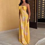 Shopmocho Yellow Printed Halter Satin Women's Dress New Summer Hollow Off Shoulder Bohemian Dress Sexy Sleeveless Slim Party Long Dresses