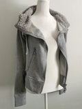SHOPMOCHO Y2k Grey Retro Wool Double Zipper Design Vintage Hooded Sweatshirt Cardigan Women Spring And Autumn Waist Closure Sweatshirt