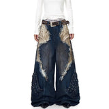 SHOPMOCHO 2026 New American  Jeans with Old Washing and Splicing Burrs Women Y2K Hip Hop Popular Casual Joker Wide-leg Pants