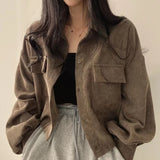 SHOPMOCHO Autumn Retro Versatile Single Breasted Turndown Collar Long Sleeved Jacket for Women Coffee Casual with Pockets Loose Coat