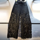 SHOPMOCHO European 2025 Hollow Lace Jeans Women Summer New Black Lace Denim Pants Heavy Industry Beads Hot Diamond Denim Splicing Crochet