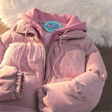 SHOPMOCHO American New Niche Ins Fake Two-piece Hooded Bread Coat Y2K Street Fashion Loose Retro Couple Coat Tide Men And Women Streetwear