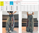 SHOPMOCHO American Street Hot Item Women Vintage Mud Washed Wide Leg Jeans Abstract Side Embroidery High Waist Baggy Y2K Spicy Pants