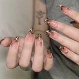 SHOPMOCHO 24Pcs Cat’s Eye Leopard Print Press on Fake Nails Mid-length Ballet False Nails with Rhinestone Detachable Full Cover Nail Tip