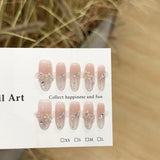 SHOPMOCHO Sweet Lovely Cartoon Bear Long Coffin Stiletto Fake Nails Bowknot Pearl Diamond Flowers Cat Eyes Wearable Fake Nails