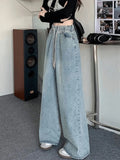 SHOPMOCHO Botvotee Elastic Waist High Waist Wide Leg Jeans for Women Loose Straight Blue Long Denim Pants Female Fashion Streetwear Jeans