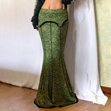SHOPMOCHO Vintage Fashion Elegant Green Trumpet Long Skirt Graphic Printed Lace Trim Y2K High Waist Skirt Women 2000s Aesthetic