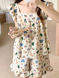 SHOPMOCHO Allover Cartoon Print Lounge Set Ladies Summer Cute Ruffle Sleeve Square Neck Top & Shorts Kawaii Women's Loungewear Summer