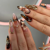 Shopmocho 24Pcs Gold Ripple Brown Flowers False Nails with Rhinestones Pearl Design Wearable Almond False Nails Full Cover Press on Nails