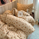 SHOPMOCHO Bedding Set Double Layered Yarn INS Girls Mushroom Soft Washed Cotton Bed Sheet Queen King Size Duvet Set Pillowcase Bed Sheet