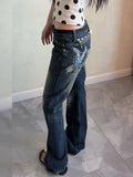 SHOPMOCHO Harajuku Streetwear Women Low Waist Flare Denim Jeans Y2K Vintage Washed Distressed Butterfly Embroidery Rivet Zipper Trousers