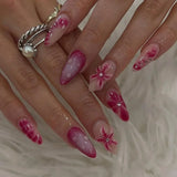 SHOPMOCHO 24Pcs Pink Almond False Nails Butterfly Ballet with French Design Wearable Fake Nails Simple Artificial Press on Nails Tips Art