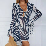 Shopmocho Yiiciovy Women's Sexy Blue Striped See-through Bikini Cover-Ups Lace Up V-neck Beachwear Bathing Dress Cover-Ups Swimwears 2025