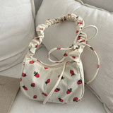 Shopmocho Women Small Underarm Bag Corduroy Handbag Cute Strawberry Print Little Tote Half Moon Design Eco Cloth Purse Mini Shoulder Bags