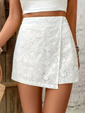 Shopmocho Plus size ladies elegant white shorts flared hem non-elastic culottes hand washable four seasons casual wear lace texture