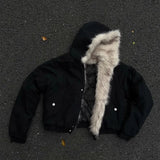 SHOPMOCHOY2K American Black Retro Wool Collar Thickened Cotton Jacket Men And Women Fashion Punk Vintage Streetwear Loose Casual Jackets