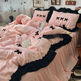 SHOPMOCHO Korean Princess Style Kawaii Girl Black Bow Bedding Set Skin-friendly Soft Duvet Cover Set Bed Sheet Or Bed Skirt Pillowcases