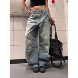 SHOPMOCHO Korean Fashion Vintage Y2K 2000s Blue Washed Jeans Women's 2025 Autumn Loose High Waisted Straight Leg Pants Female Clothing