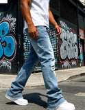 SHOPMOCHO Men's Light Blue Denim Pants, Distressed Flared Jeans with Knee Rips & Frayed Hem for Streetwear