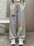 SHOPMOCHO Women's Autumn and Winter Plus-size Graffiti Pattern Loose Straight Fleece Leg Sweatpants Trendy Streetwear Stylish Versatile