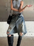 SHOPMOCHO Women's Retro Old Washing Wide-leg Five-point High Street Design Ripped Denim Shorts