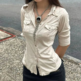 SHOPMOCHO Half Sleeve Button Up Shirts for Woman Clothing Japanese 2000s Style Y2k Tops Harajuku Fashion Blouse