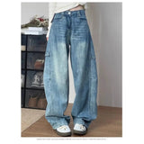 Shopmocho Women' Curved Straight Wide Leg Light Blue Jeans Young Girl Denim Trousers Vintage Street Style Bottoms Female High Waisted Pant