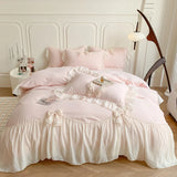 Shopmocho Korean Style Princess Lace Bow Bedding Set Pink Sweet Girl Chiffon Ruffles Duvet Cover Bed Sheet Pillowcase Wedding Home Textile