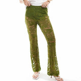 SHOPMOCHO-Stylish See-Through Lace Flare Pants Womens High Rise Elastic Waist Bell-Bottoms Spring Summer Streetwear Long Trousers