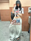 SHOPMOCHO Y2K College American Hip-hop Goth Print Drawstring Wide Leg Sweatpants Loose 90s High Street Sports Trousers Floor Length Pants