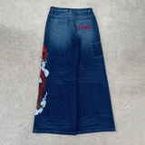 Shopmocho Dragon Graffiti Embroidery Dark Blue Loose Wide Leg Distressed Jeans Y2K High Waist Men Women Vintage Casual Daily Streetwear
