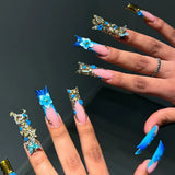 Shopmocho 24pcs Rhinestones Full Cover Nail Art Datachable Glitter French Press on Nails Tip Flower Long Square Fake Nail Pink False Nails