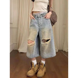 SHOPMOCHO ZHIZOU Summer Women American Retro Jorts Blue Jean Shorts Y2K Harajuku 2000s Washed Ripped Denim Calf-Length Pants High Street