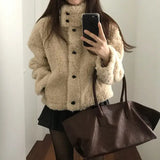 SHOPMOCHO American Fashion Loose Short Lamb Wool Jacket Fashion High Street Lambswool Jacket Winter Coat Women Jackets for Women