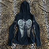 SHOPMOCHO 00s Aesthetic Vintage Jacket Y2k Grunge Zip Up Sweatshirt Flower Wings Print Slim Fit Hoodies E-girl Gothic Cool Street Outwear