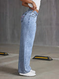 SHOPMOCHO Women's Back Pocket Bow Embroidered Fashionable Wide Leg Pants Versatile Washed Denim Trousers