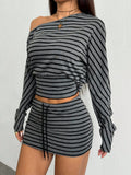 SHOPMOCHO Fashion Casual Sexy Asymmetrical Striped Shoulder Top And Mini Skirt Two-Piece Set for Women