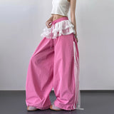 SHOPMOCHO Women's Patchwork Lace Skirt Casual Wide Leg Pants Spring Summer Niche Design Contrasting Style for Fashionable Ladies
