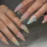 SHOPMOCHO 24Pcs Pink Almond False Nails Butterfly Ballet with French Design Wearable Fake Nails Simple Artificial Press on Nails Tips Art