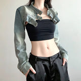 SHOPMOCHO  Y2K Cropped Denim Jacket Women Vintage 90S Sexy Long Sleeve Jeans Coats Summer Gyaru Harajuku Streetwear Design Outerwears