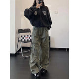 SHOPMOCHO Retro American Denim Work Pants Women's Spring Autumn Loose Wide Leg Slimming Pleated Straight Long Pants Large Pocket