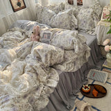 SHOPMOCHO 3/4Pcs Korean Princess Style Floral Ruffles Bedding Set Skin-friendly Soft Duvet Cover Set Bed Sheet Or Bed Skirt Pillowcases
