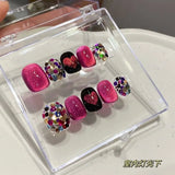 SHOPMOCHO 10pcs Handmade press on Nails Dragon Fruit Crystal Cat's Eye Glittering Heart Fake Nail for Women&Girl Removable wearable Nail
