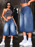 SHOPMOCHO American Retro Hot Girl Style Distressed Fleece Hem Jeans Mid-Thigh Pants, Must-Have Streetwear, High Waist Loose-Fitting Casual